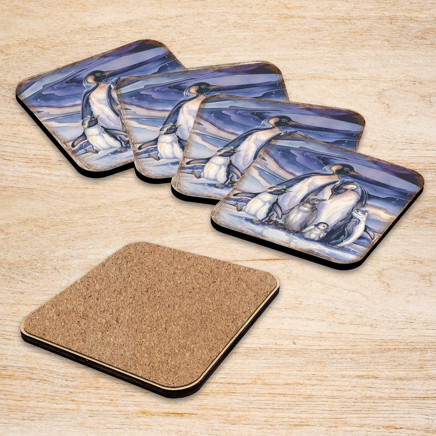 Penguin Family Wooden Cork Coasters Gift Set of 4 by J. Bergsma - Coastal Wildlife Decor - 8199472C-S4-S4 (Copy)-3