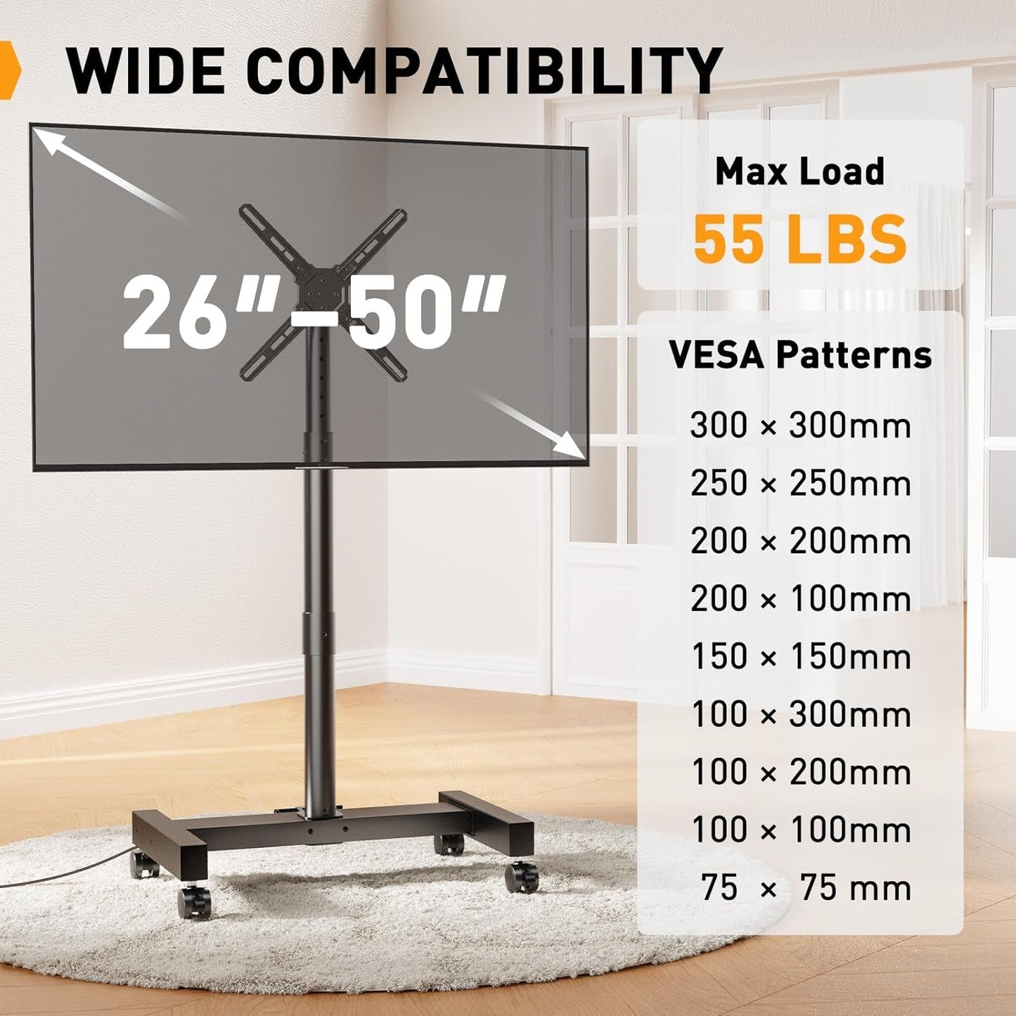 Rolling TV Stand with Power Outlet for 26-50 Inch Tvs up to 55 Lbs, Tilting Mobile TV Cart Portrait to Landscape, 8 Height Settings, Mobile TV Stand with Wheels, Max VESA 300X300Mm, PGTVMC19