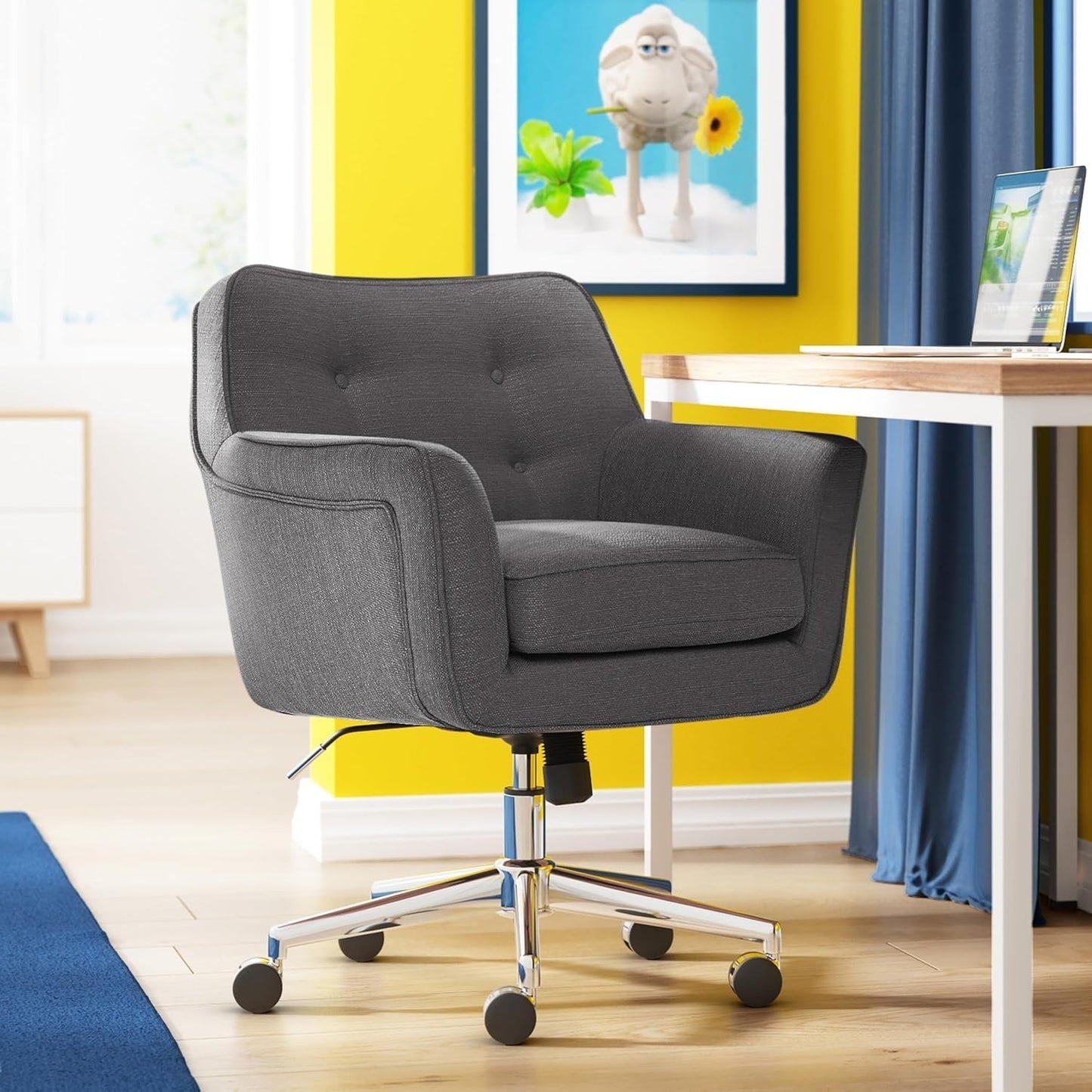 Ashland Home Office Desk Chair with Button Tufted Mid-Back, Memory Foam Cushion and Padded Arms, Mid Century Modern Vanity Armchair with Wheels for Bedroom, Chrome Metal Base, Dark Gray