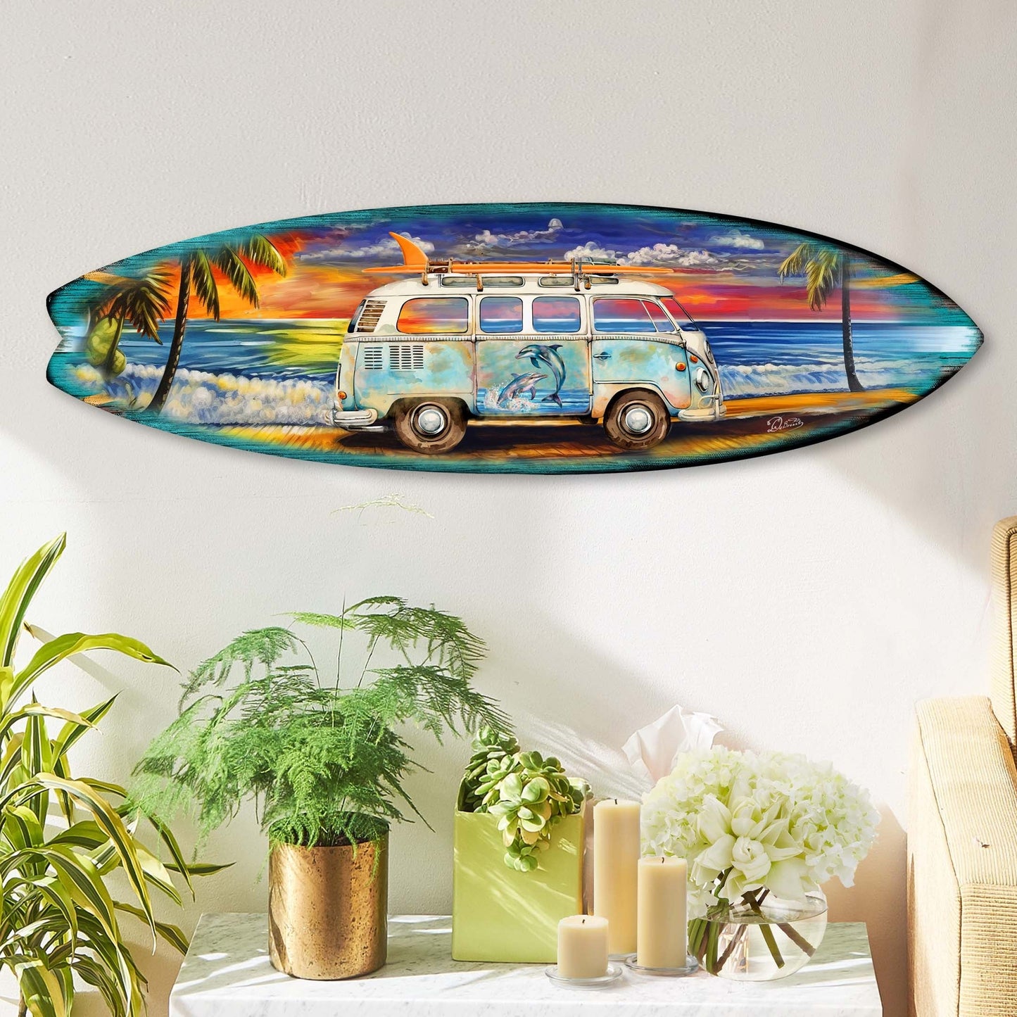 Surf Van at the Beach Surfboard Coastal Wall Art by G. DeBrekht - Coastal Holiday Decor - 8490120-2HS-2