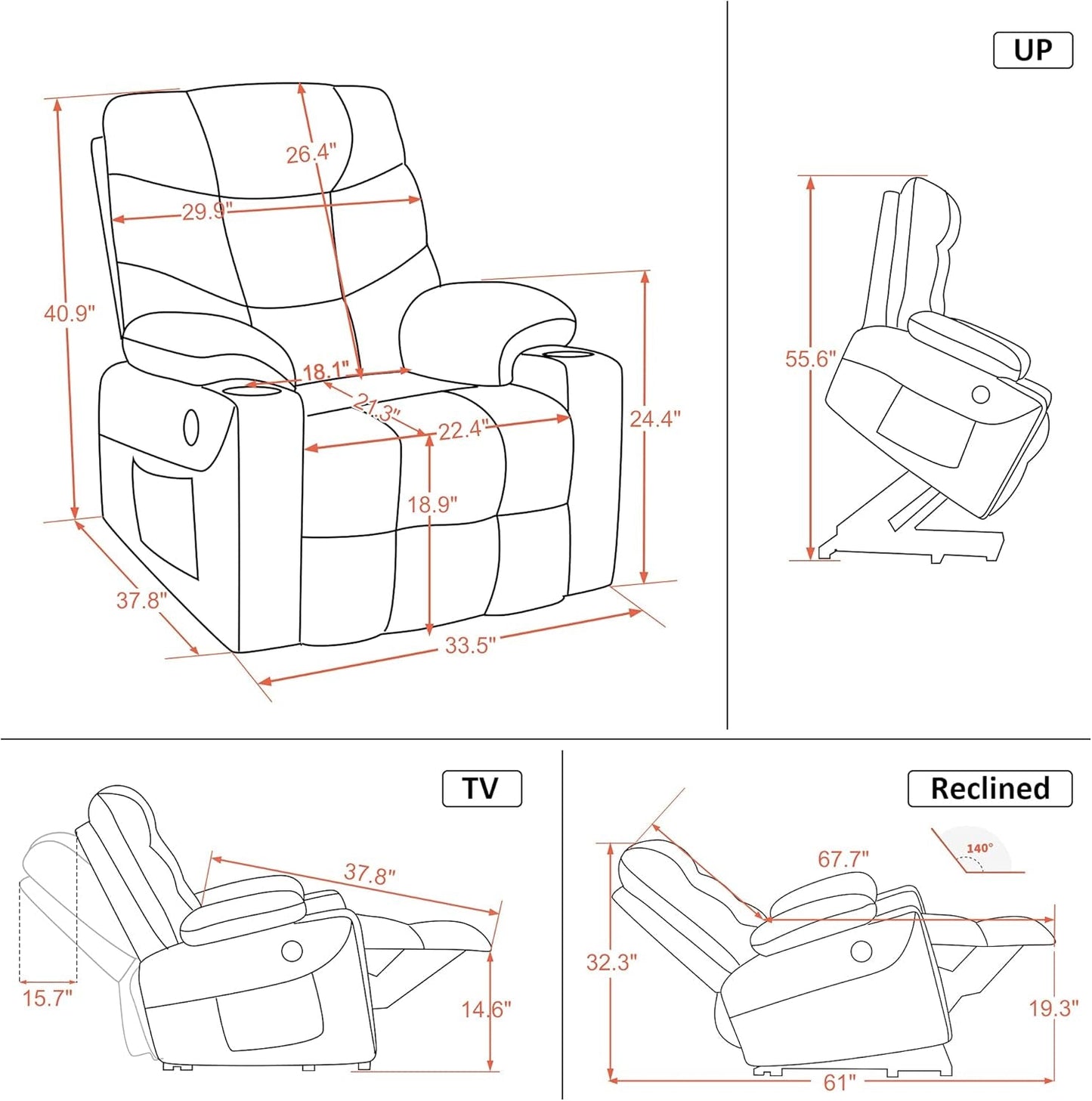 Power Lift Recliner Chair, 2 Cup Holders, USB Ports for Elderly People, Faux Leather 7288 (Cream White, Medium-Regular)