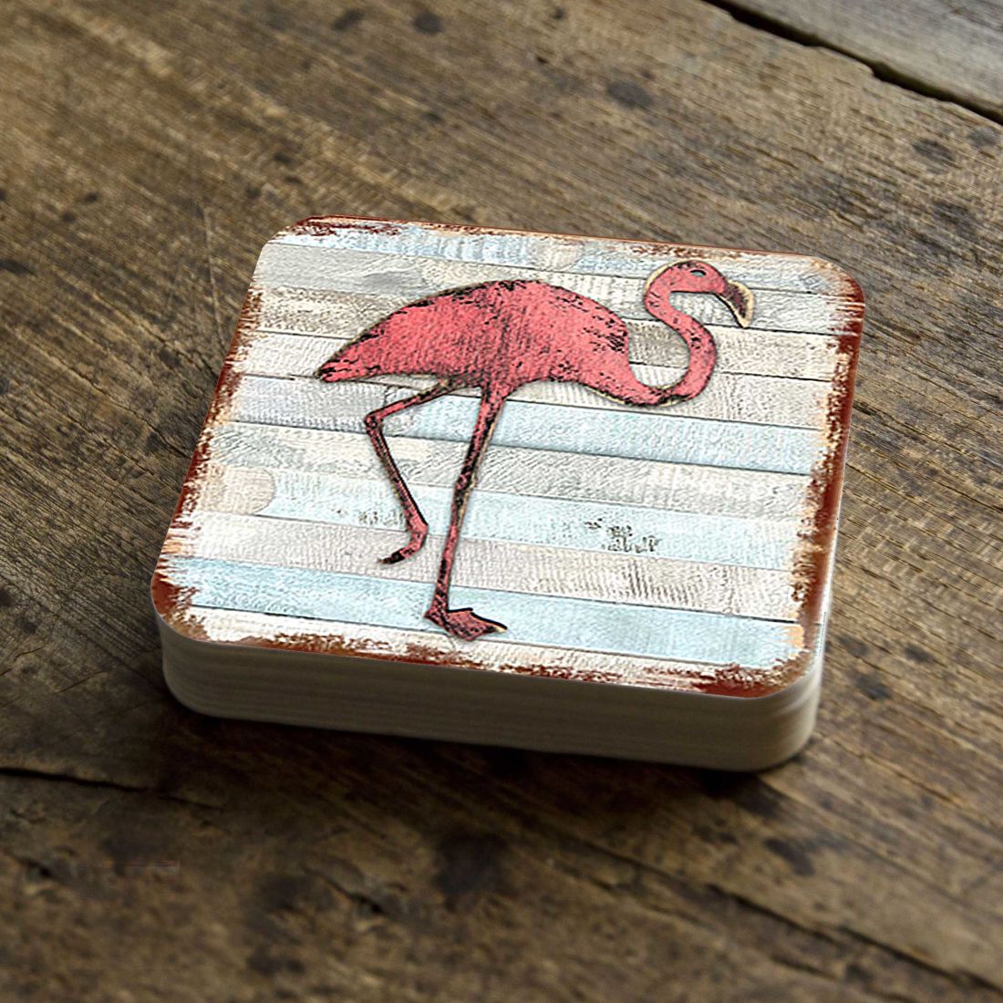 Flamingo Coastal Wooden Cork Coasters Gift Set of 4 by Nature Wonders - Coastal Sea-Life Decor - 8198544-9C-S4-4
