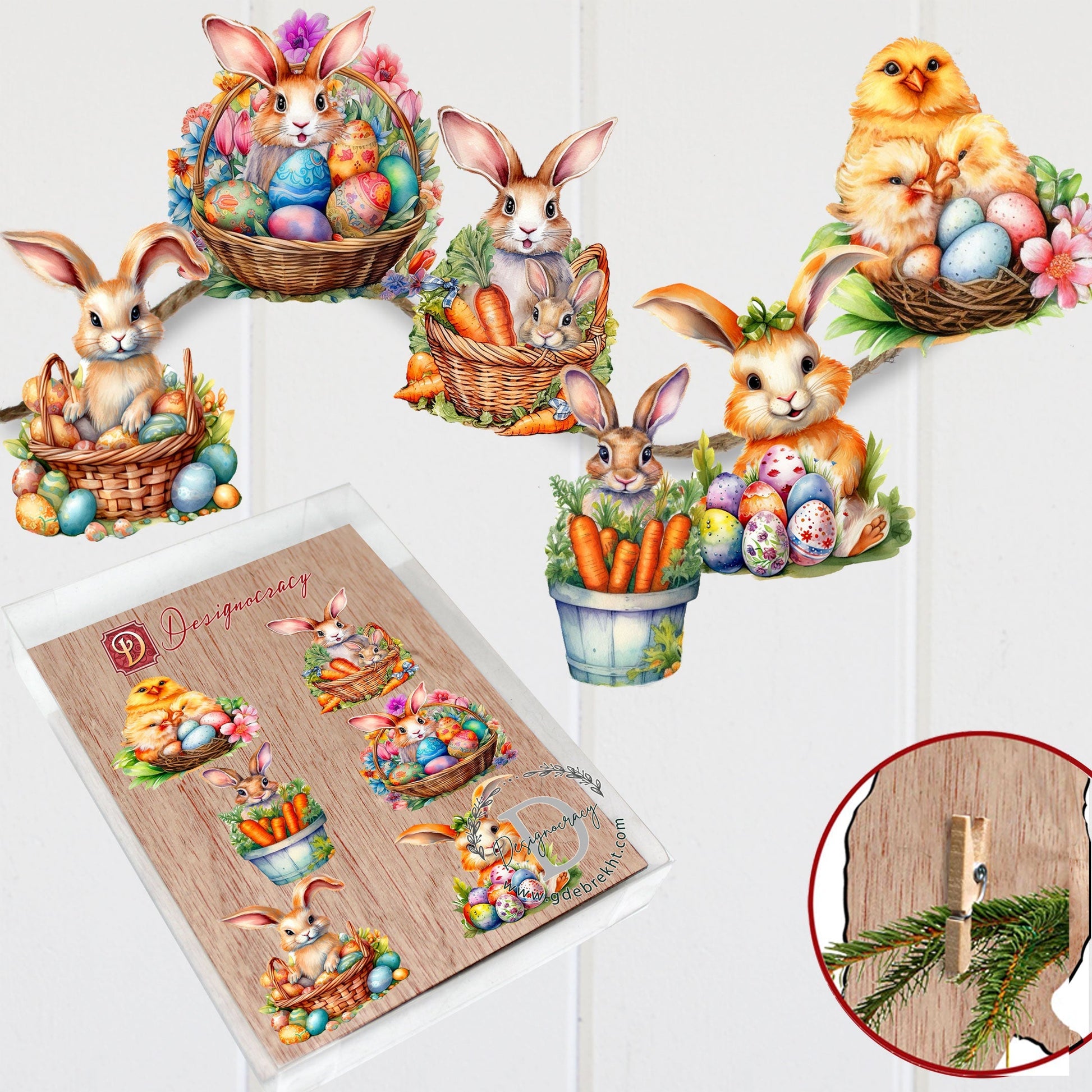 Eggs and Bunnies Decorative Wooden Clip-on Ornaments Set of 6 by G. Debrekht - Easter Decor - 8090057C-S6-4