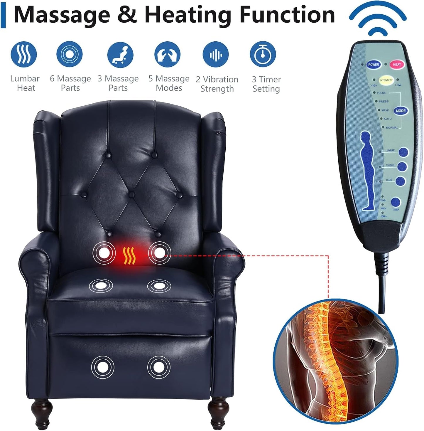 Wingback Recliner Chair with Massage and Heat - Tufted PU Leather Push Back Arm Chair for Living Room - Vintage Recliner Chair with Remote Control, Padded Cushion, Backrest, Wooden Legs