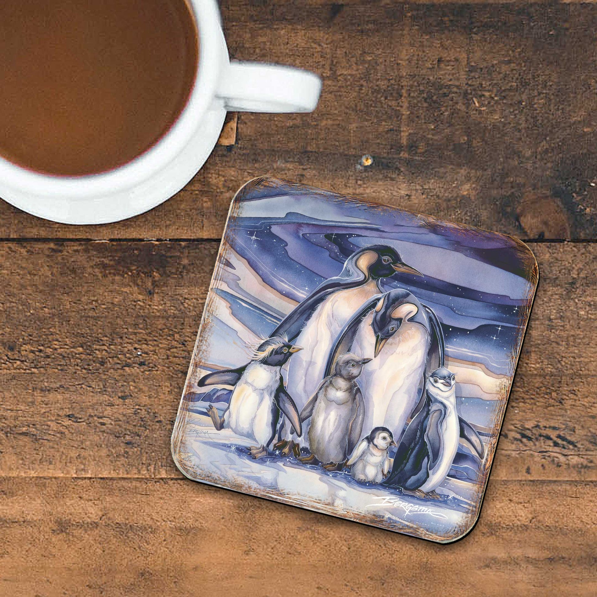 Penguin Family Wooden Cork Coasters Gift Set of 4 by J. Bergsma - Coastal Wildlife Decor  - 8199472C-S4-S4 (Copy)-1