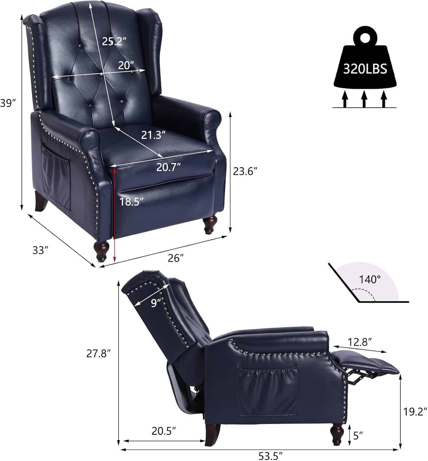 Wingback Recliner Chair with Massage and Heat - Tufted PU Leather Push Back Arm Chair for Living Room - Vintage Recliner Chair with Remote Control, Padded Cushion, Backrest, Wooden Legs