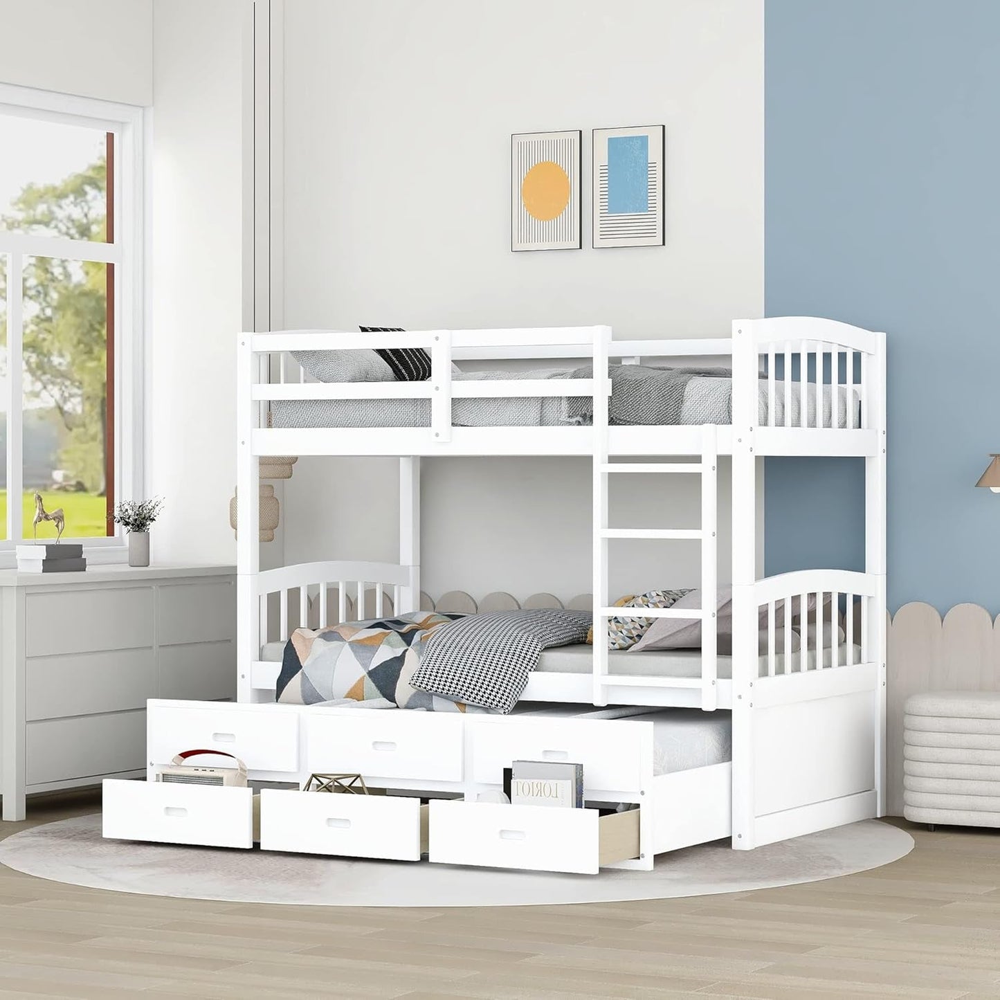 Harper&Bright Designs Twin over Twin Bunk Bed with Twin Trundle, 3 Storage Drawers, Safety Rail, and Removable Ladder, Can Be Separated into 3 Bed, White