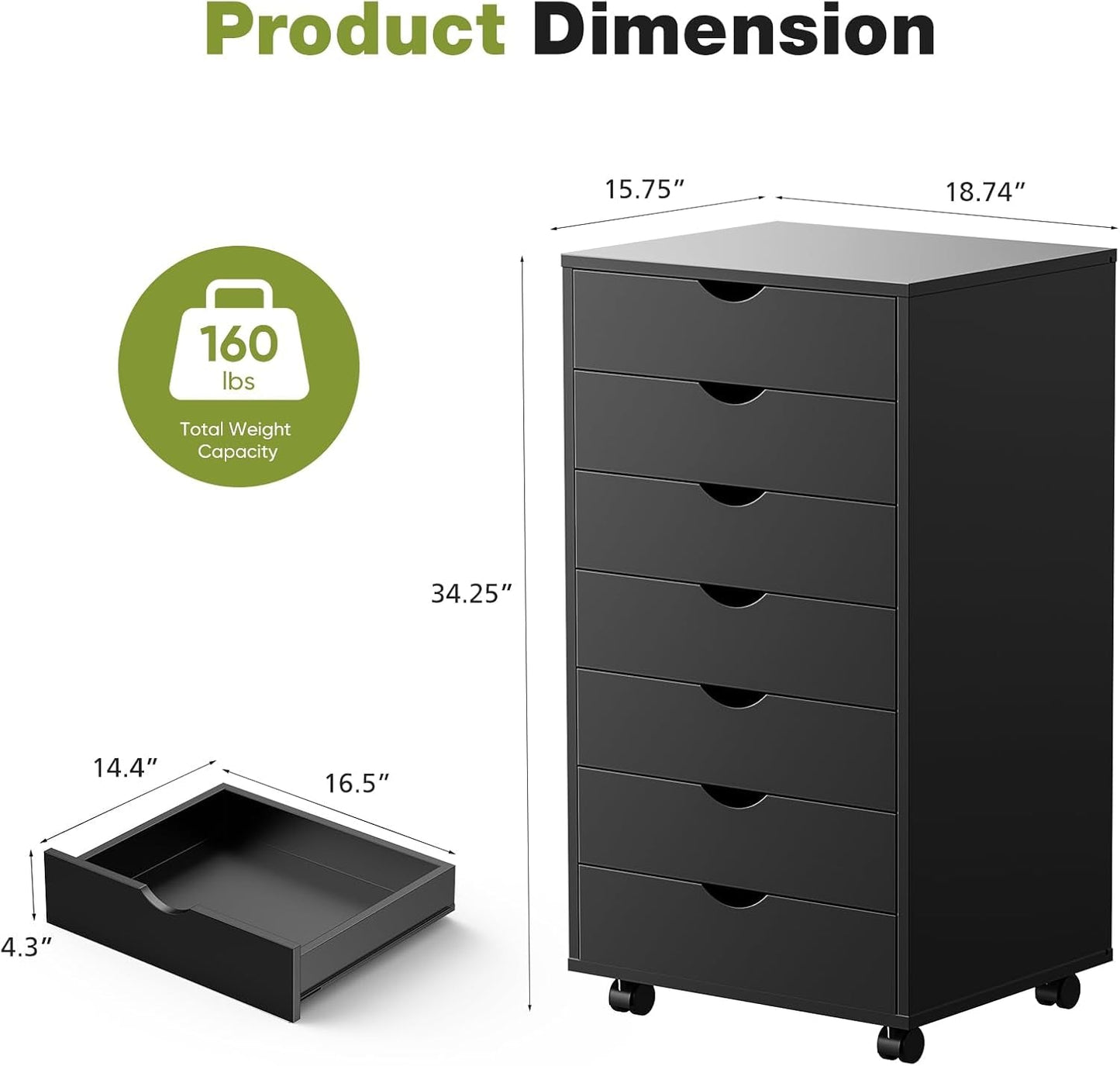 7 Drawer Chest Mobile Storage Cabinets Wooden Dresser with Wheels Room Organization Furniture for Office Home, Black Wood