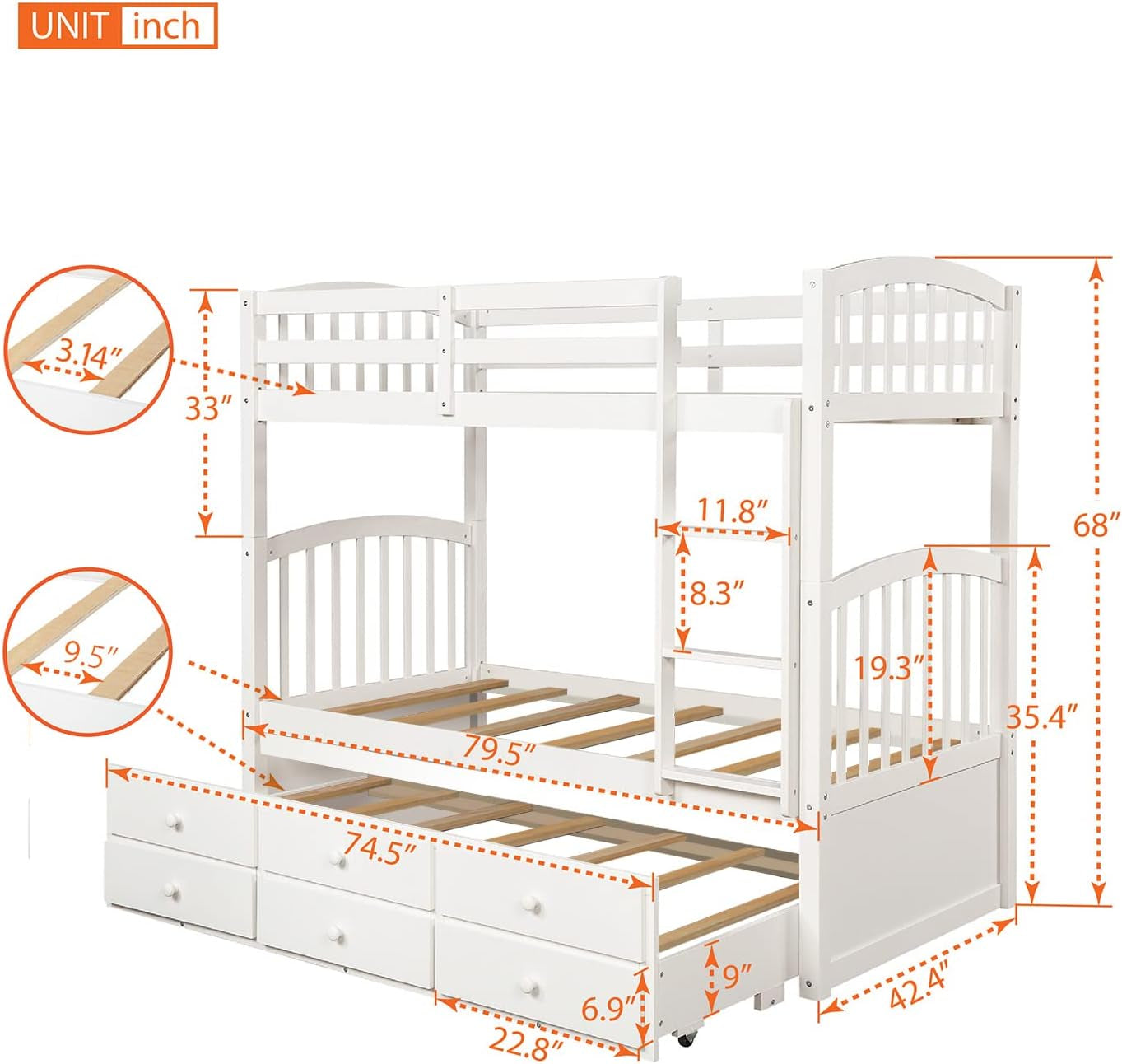 Harper&Bright Designs Twin over Twin Bunk Bed with Twin Trundle, 3 Storage Drawers, Safety Rail, and Removable Ladder, Can Be Separated into 3 Bed, White