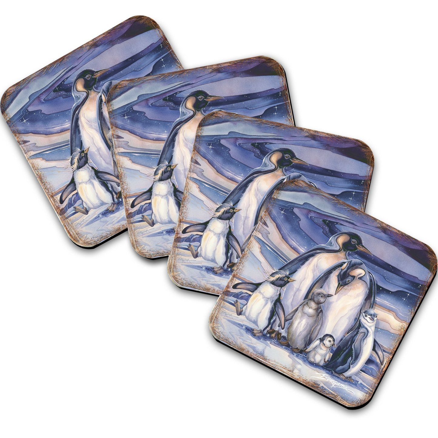 Penguin Family Wooden Cork Coasters Gift Set of 4 by J. Bergsma - Coastal Wildlife Decor  - 8199472C-S4-S4 (Copy)-0