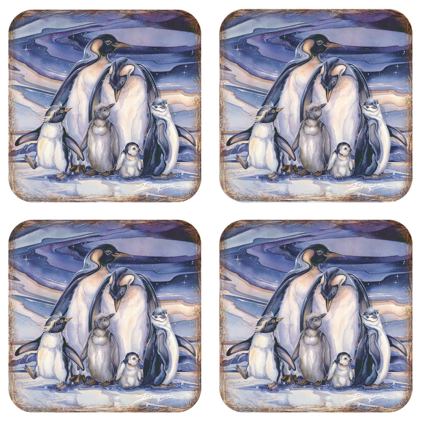 Penguin Family Wooden Cork Coasters Gift Set of 4 by J. Bergsma - Coastal Wildlife Decor  - 8199472C-S4-S4 (Copy)-4