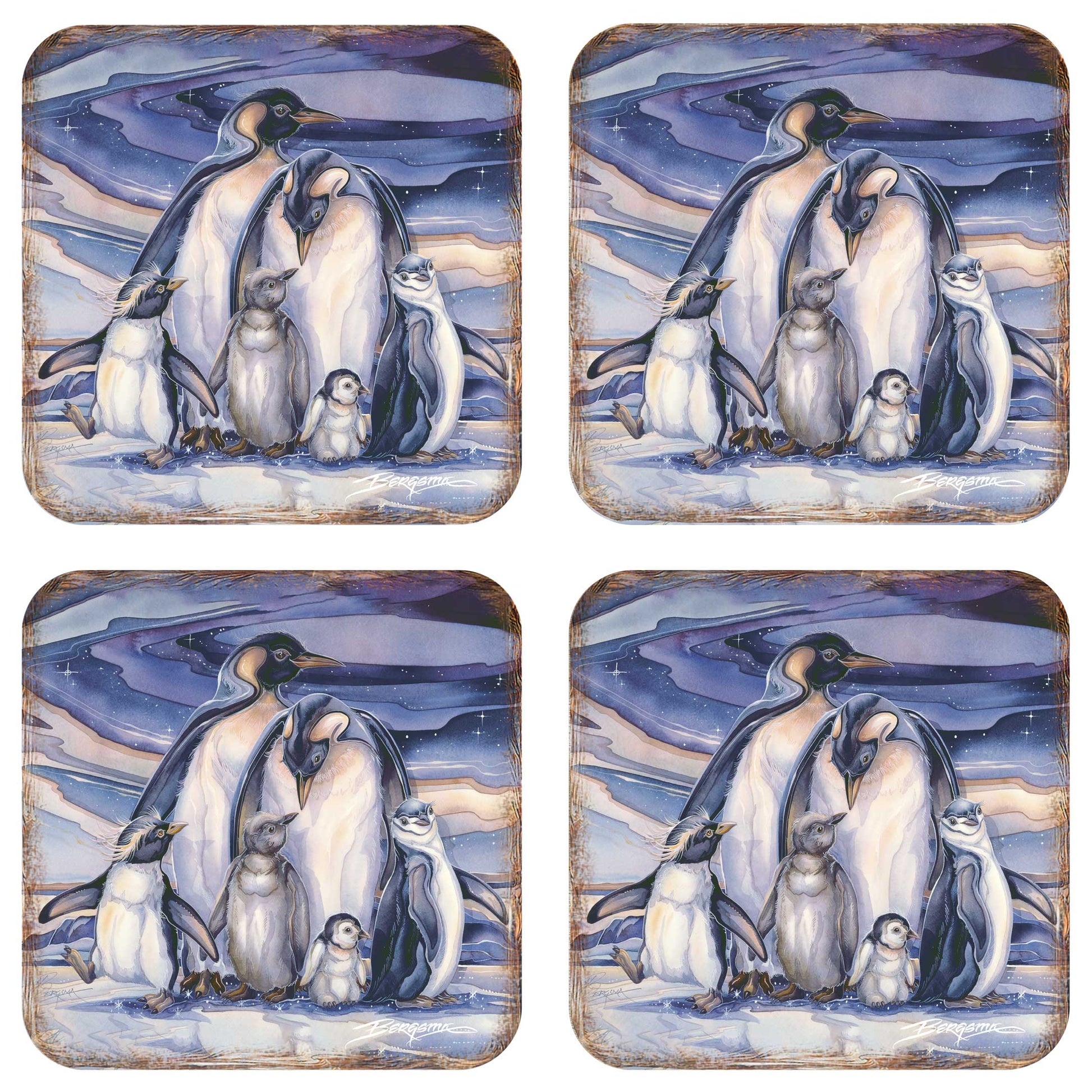 Penguin Family Wooden Cork Coasters Gift Set of 4 by J. Bergsma - Coastal Wildlife Decor  - 8199472C-S4-S4 (Copy)-4
