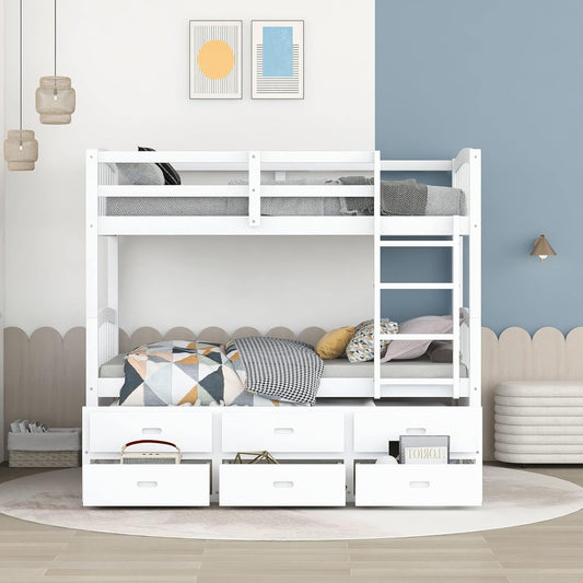 Harper&Bright Designs Twin over Twin Bunk Bed with Twin Trundle, 3 Storage Drawers, Safety Rail, and Removable Ladder, Can Be Separated into 3 Bed, White