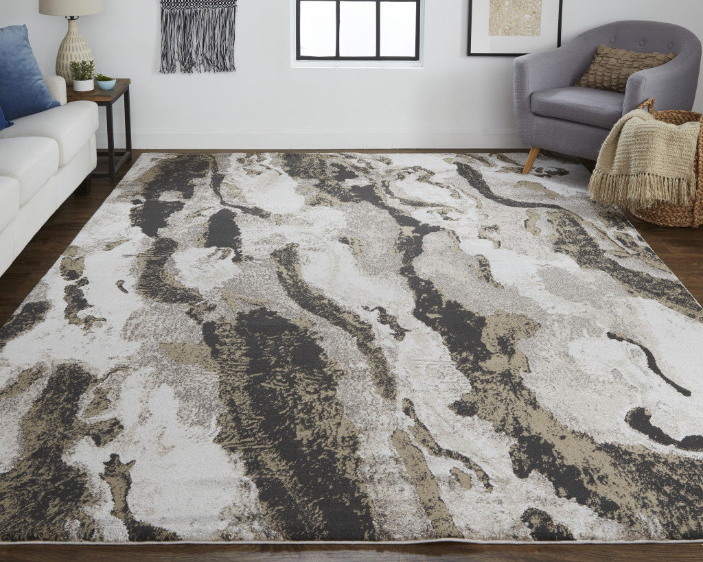 10' X 14' Brown and Ivory Abstract Power Loom Distressed Area Rug