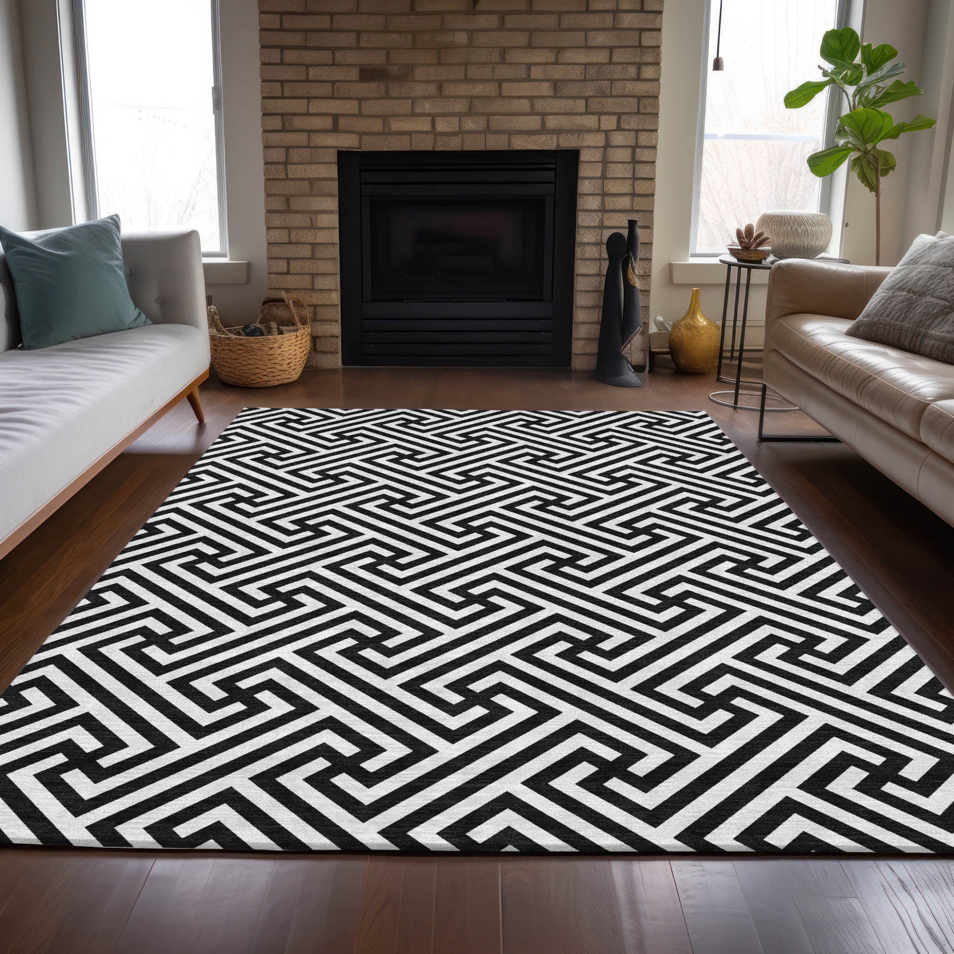 9' X 12' Black And Ivory Geometric Washable Indoor Outdoor Area Rug-8
