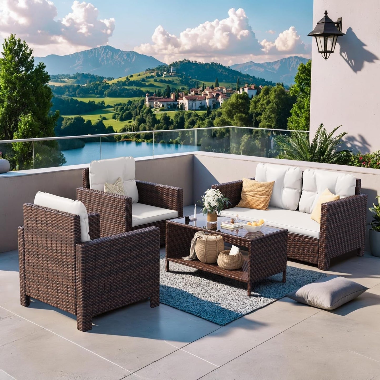 4 Pieces Patio Furniture Sets Rattan Chair Wicker Conversation Sofa Set, Outdoor Indoor Backyard Porch Garden Poolside Balcony Use (Beige)
