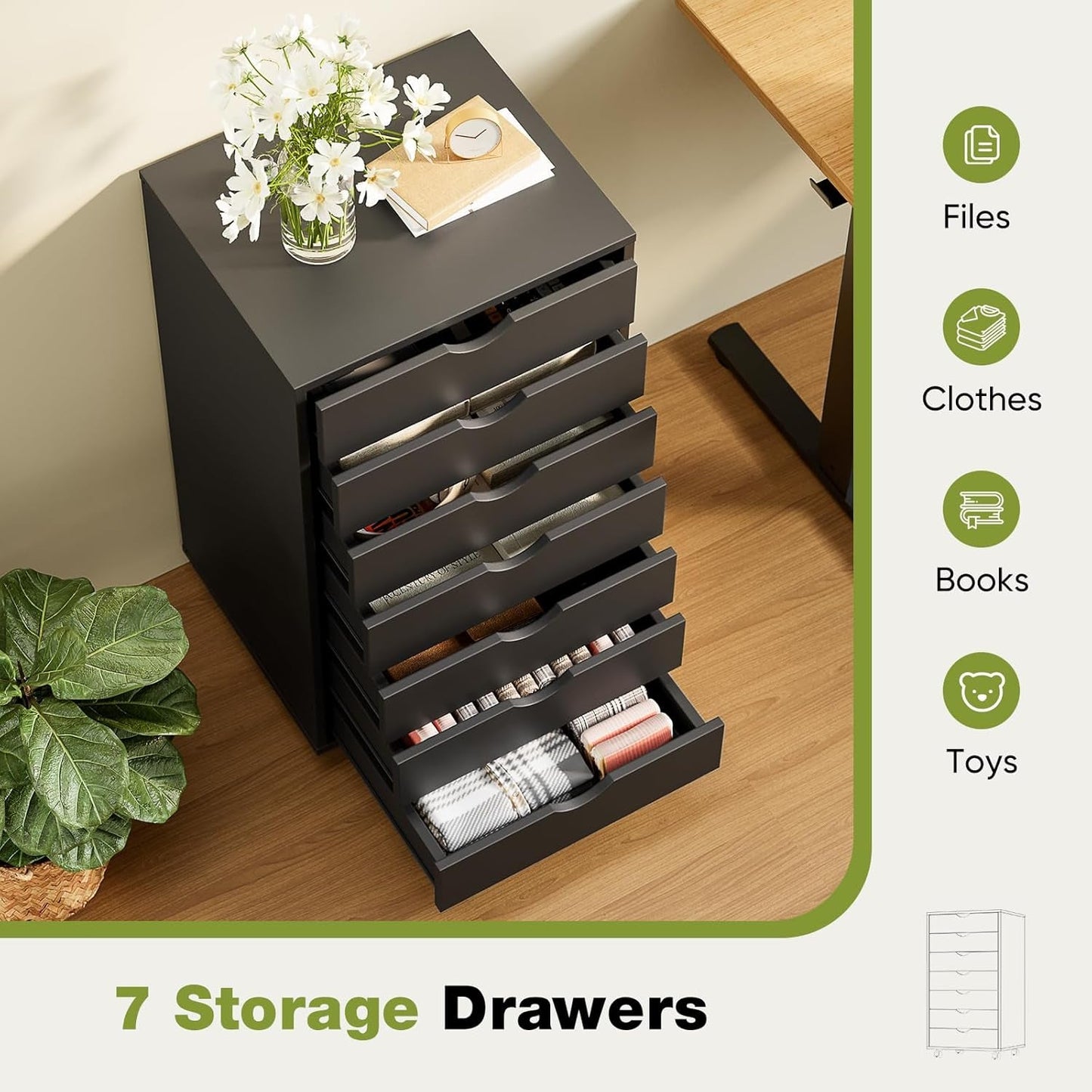 7 Drawer Chest Mobile Storage Cabinets Wooden Dresser with Wheels Room Organization Furniture for Office Home, Black Wood