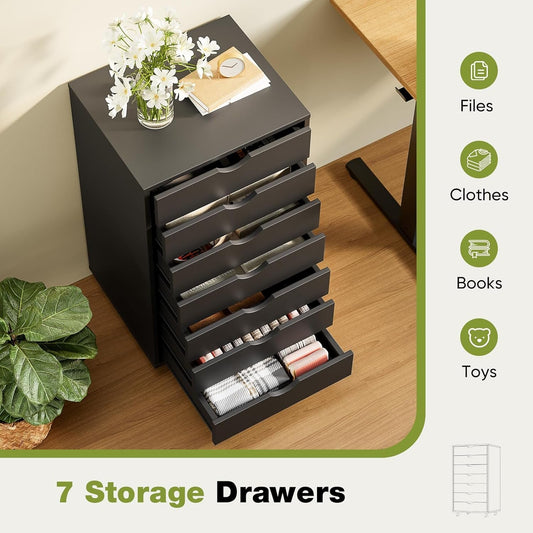 7 Drawer Chest Mobile Storage Cabinets Wooden Dresser with Wheels Room Organization Furniture for Office Home, Black Wood