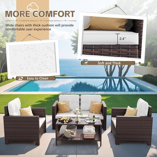 4 Pieces Patio Furniture Sets Rattan Chair Wicker Conversation Sofa Set, Outdoor Indoor Backyard Porch Garden Poolside Balcony Use (Beige)