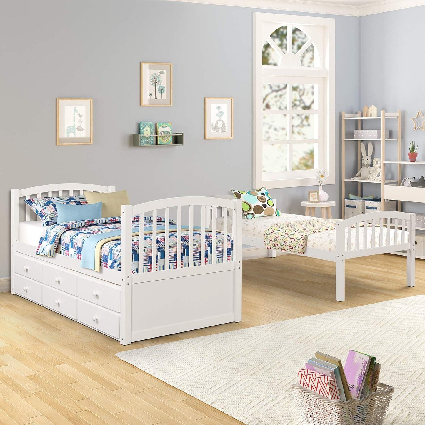 Harper&Bright Designs Twin over Twin Bunk Bed with Twin Trundle, 3 Storage Drawers, Safety Rail, and Removable Ladder, Can Be Separated into 3 Bed, White