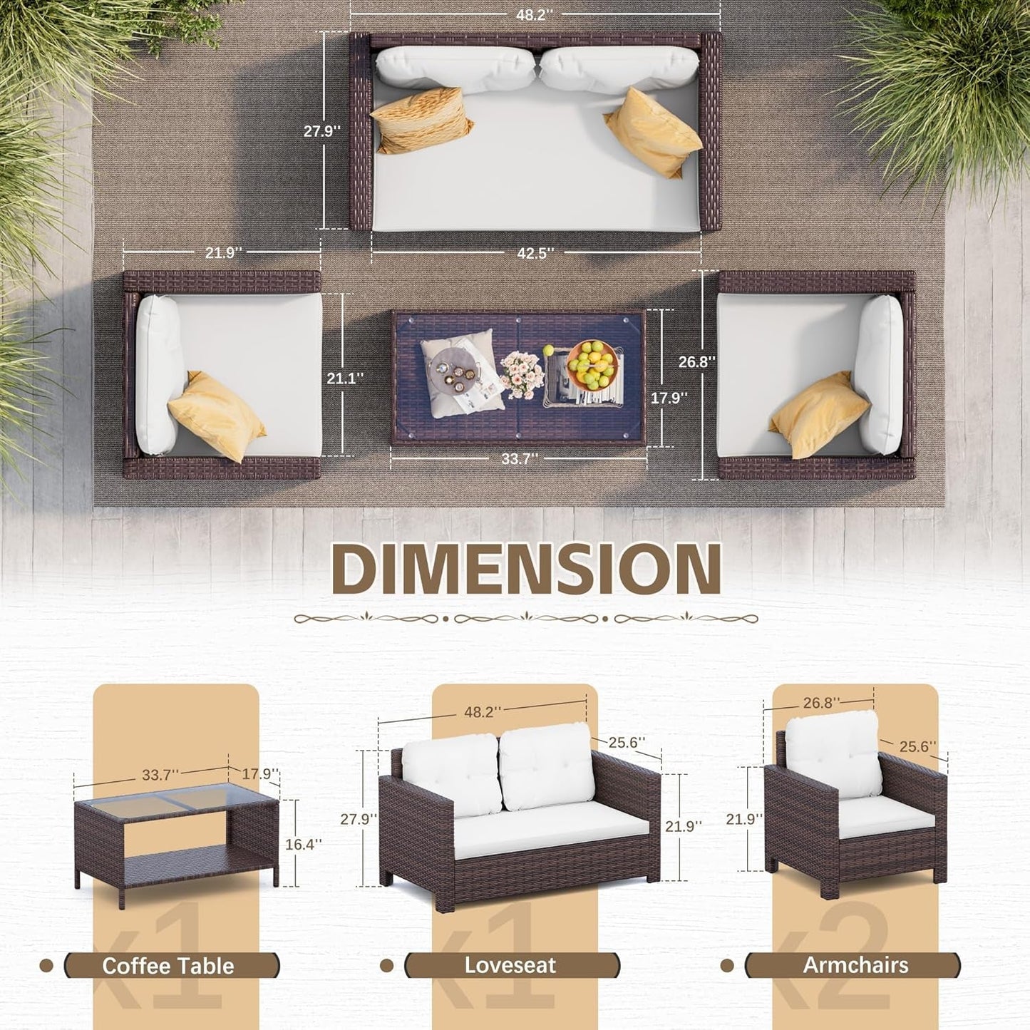 4 Pieces Patio Furniture Sets Rattan Chair Wicker Conversation Sofa Set, Outdoor Indoor Backyard Porch Garden Poolside Balcony Use (Beige)