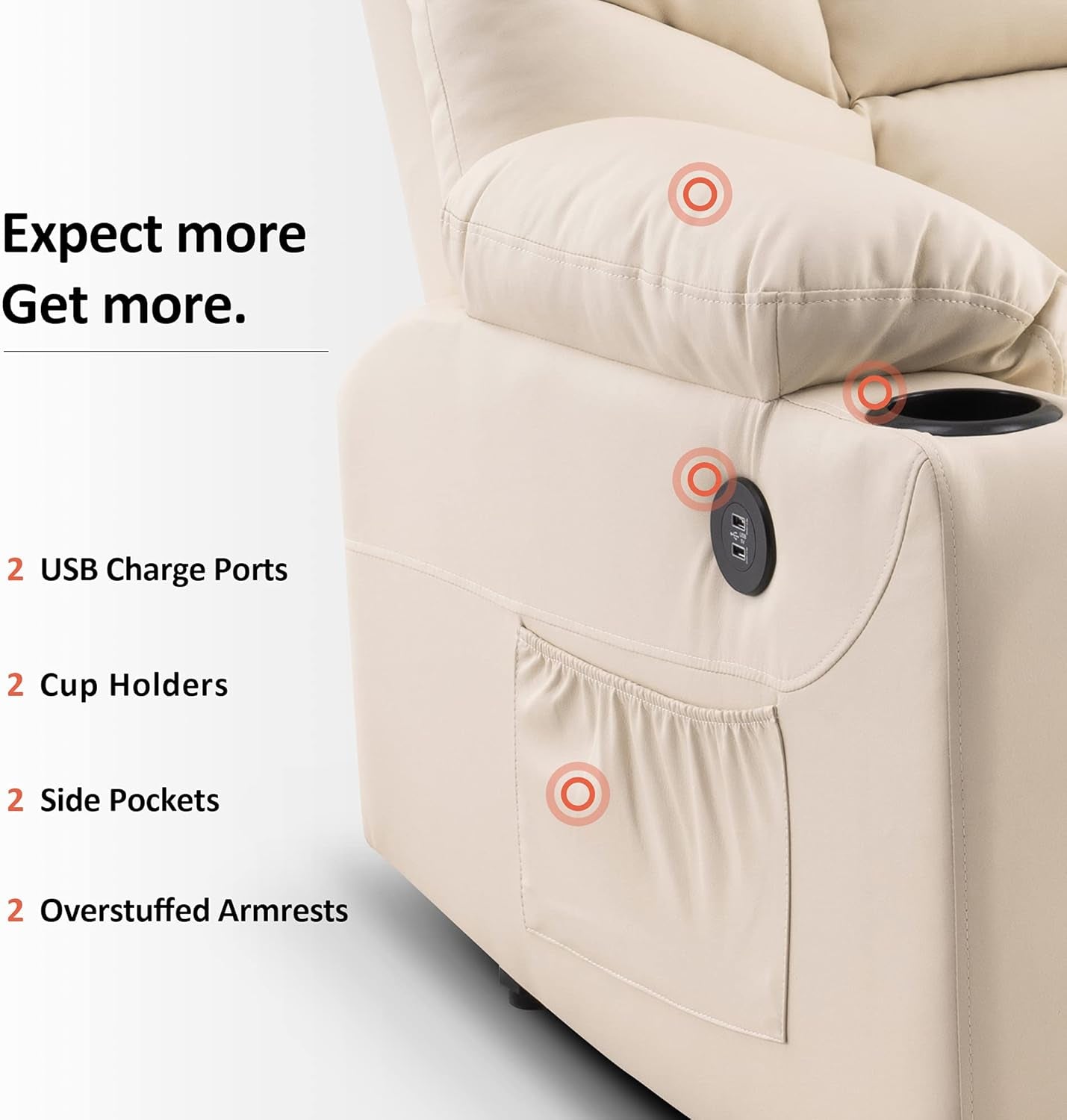 Power Lift Recliner Chair, 2 Cup Holders, USB Ports for Elderly People, Faux Leather 7288 (Cream White, Medium-Regular)