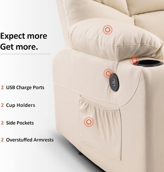 Power Lift Recliner Chair, 2 Cup Holders, USB Ports for Elderly People, Faux Leather 7288 (Cream White, Medium-Regular)