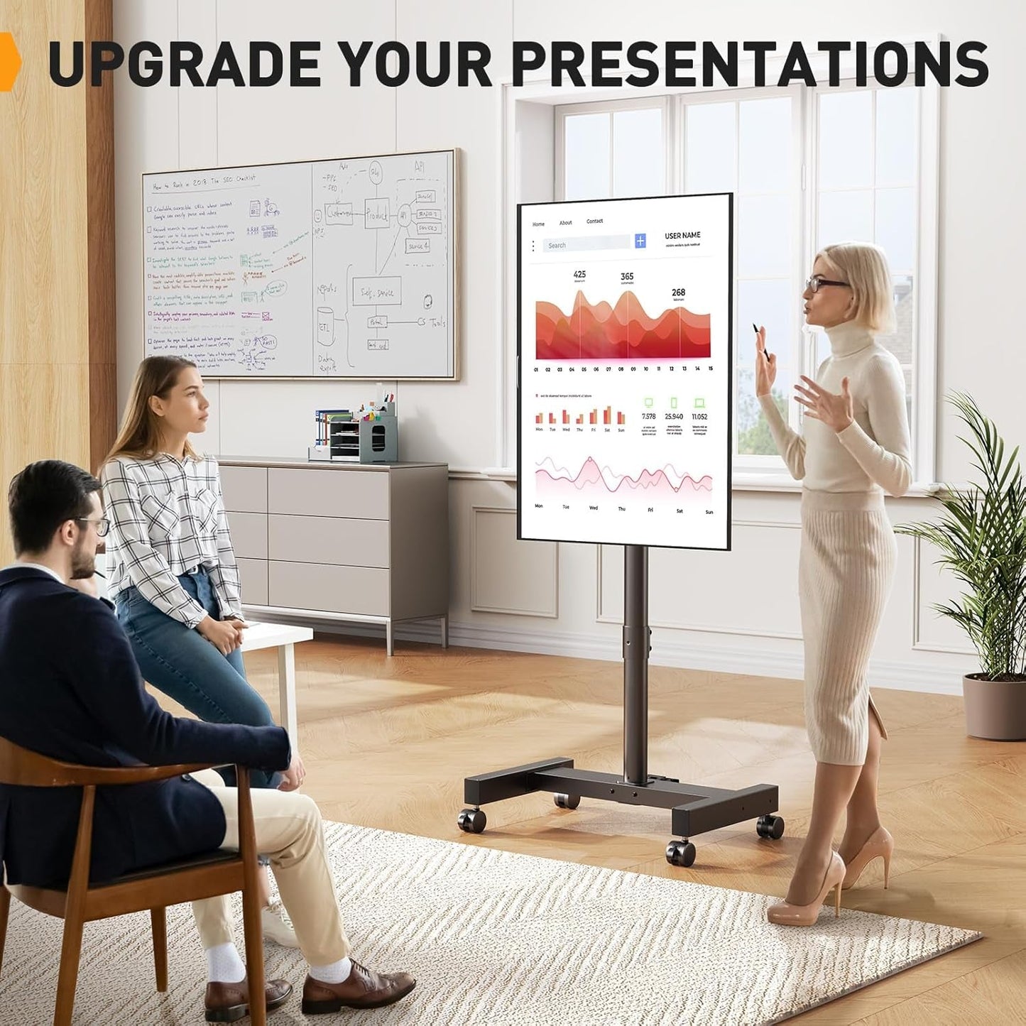 Rolling TV Stand with Power Outlet for 26-50 Inch Tvs up to 55 Lbs, Tilting Mobile TV Cart Portrait to Landscape, 8 Height Settings, Mobile TV Stand with Wheels, Max VESA 300X300Mm, PGTVMC19
