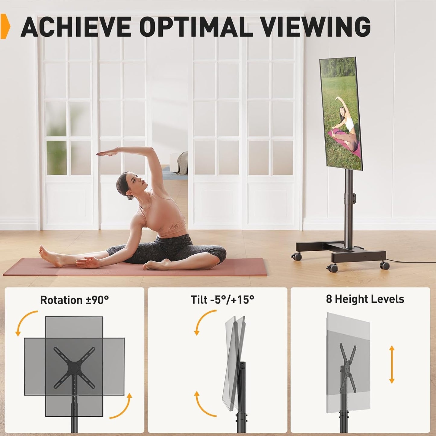 Rolling TV Stand with Power Outlet for 26-50 Inch Tvs up to 55 Lbs, Tilting Mobile TV Cart Portrait to Landscape, 8 Height Settings, Mobile TV Stand with Wheels, Max VESA 300X300Mm, PGTVMC19
