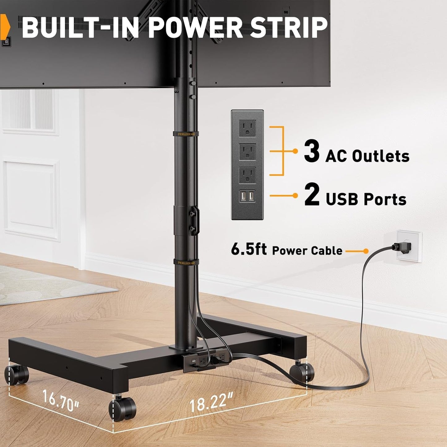Rolling TV Stand with Power Outlet for 26-50 Inch Tvs up to 55 Lbs, Tilting Mobile TV Cart Portrait to Landscape, 8 Height Settings, Mobile TV Stand with Wheels, Max VESA 300X300Mm, PGTVMC19