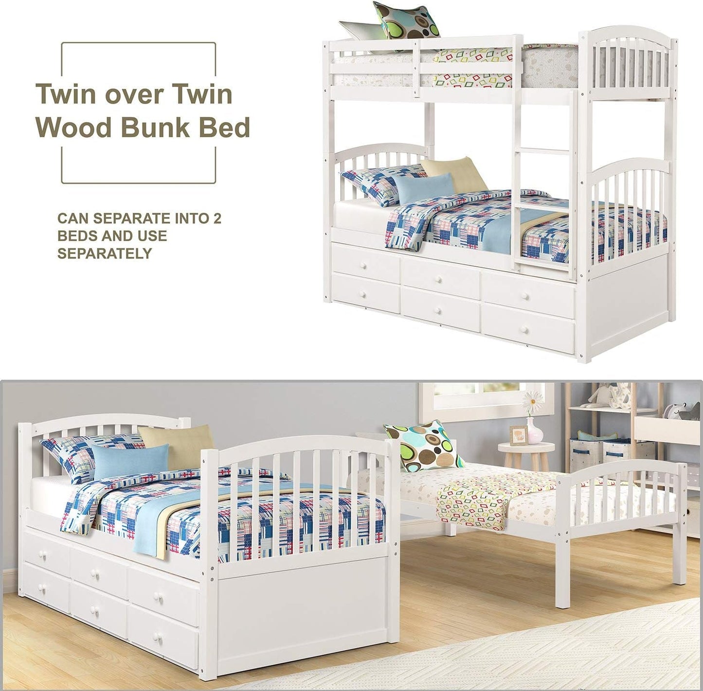 Harper&Bright Designs Twin over Twin Bunk Bed with Twin Trundle, 3 Storage Drawers, Safety Rail, and Removable Ladder, Can Be Separated into 3 Bed, White