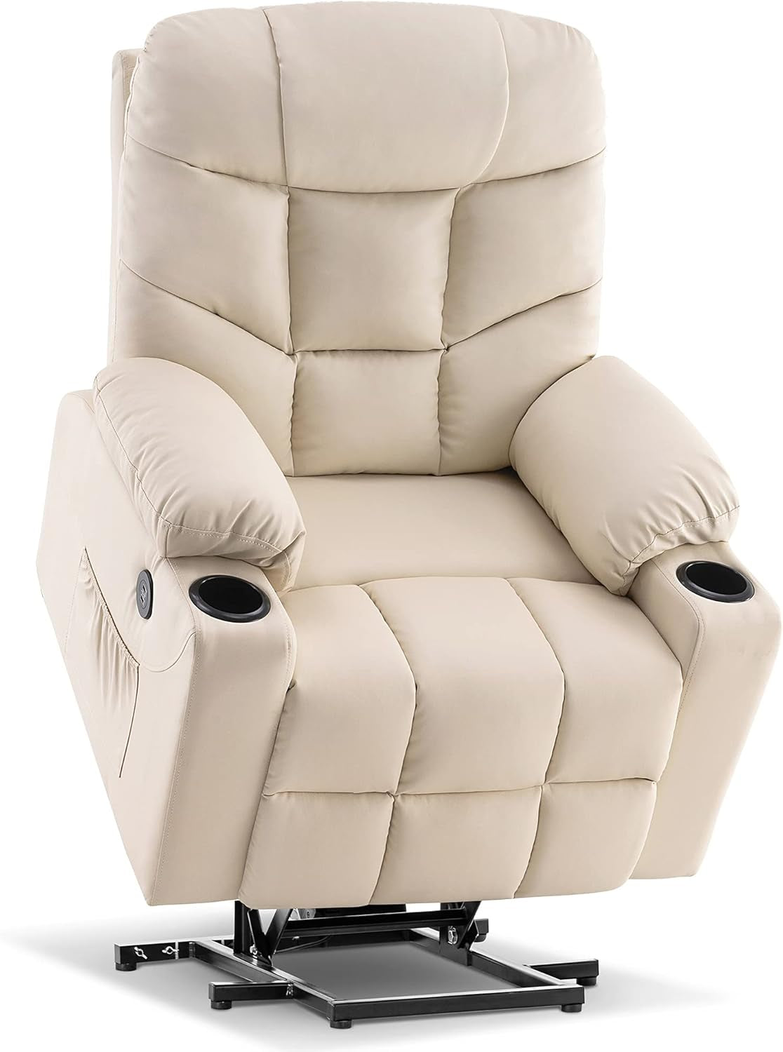 Power Lift Recliner Chair, 2 Cup Holders, USB Ports for Elderly People, Faux Leather 7288 (Cream White, Medium-Regular)