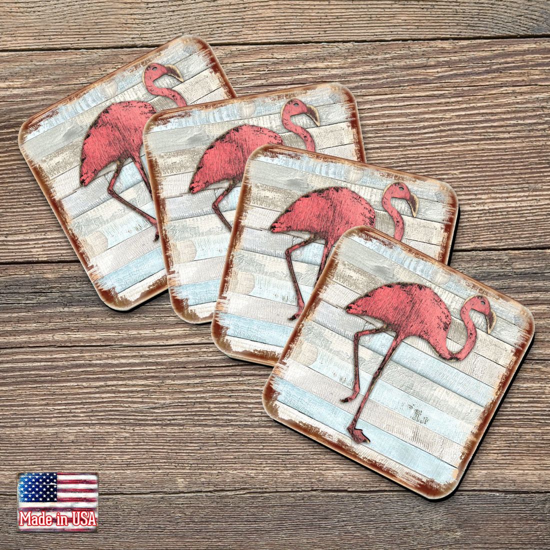 Flamingo Coastal Wooden Cork Coasters Gift Set of 4 by Nature Wonders - Coastal Sea-Life Decor - 8198544-9C-S4-1