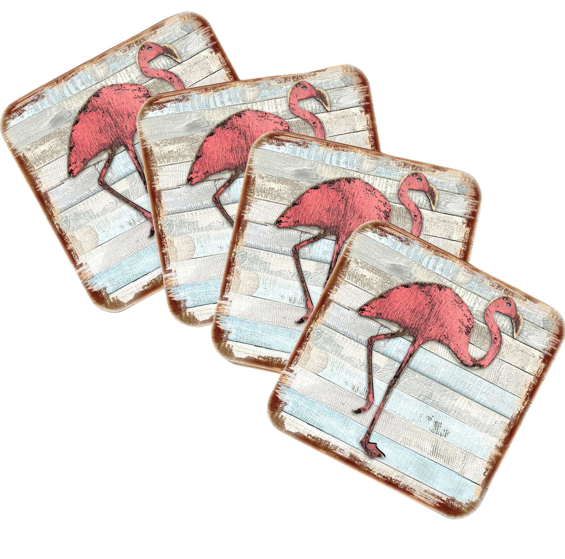 Flamingo Coastal Wooden Cork Coasters Gift Set of 4 by Nature Wonders - Coastal Sea-Life Decor - 8198544-9C-S4-0