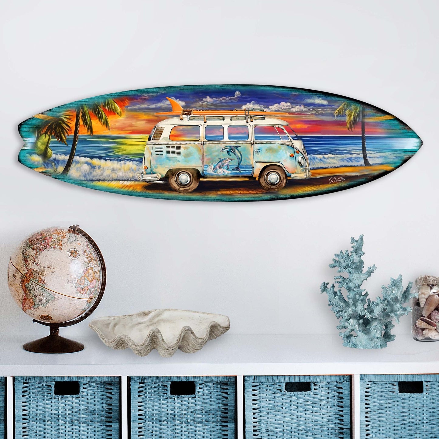 Surf Van at the Beach Surfboard Coastal Wall Art by G. DeBrekht - Coastal Holiday Decor - 8490120-2HS-1