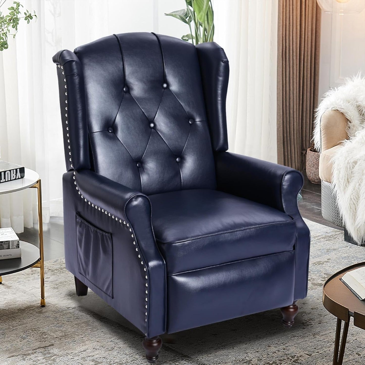 Wingback Recliner Chair with Massage and Heat - Tufted PU Leather Push Back Arm Chair for Living Room - Vintage Recliner Chair with Remote Control, Padded Cushion, Backrest, Wooden Legs