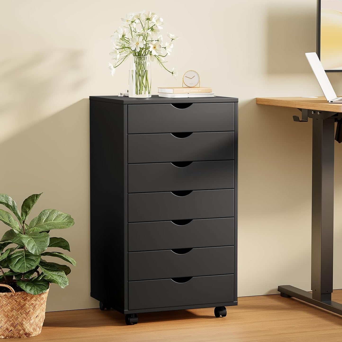 7 Drawer Chest Mobile Storage Cabinets Wooden Dresser with Wheels Room Organization Furniture for Office Home, Black Wood