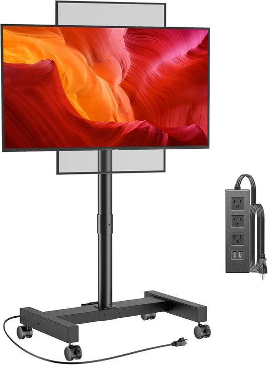 Rolling TV Stand with Power Outlet for 26-50 Inch Tvs up to 55 Lbs, Tilting Mobile TV Cart Portrait to Landscape, 8 Height Settings, Mobile TV Stand with Wheels, Max VESA 300X300Mm, PGTVMC19