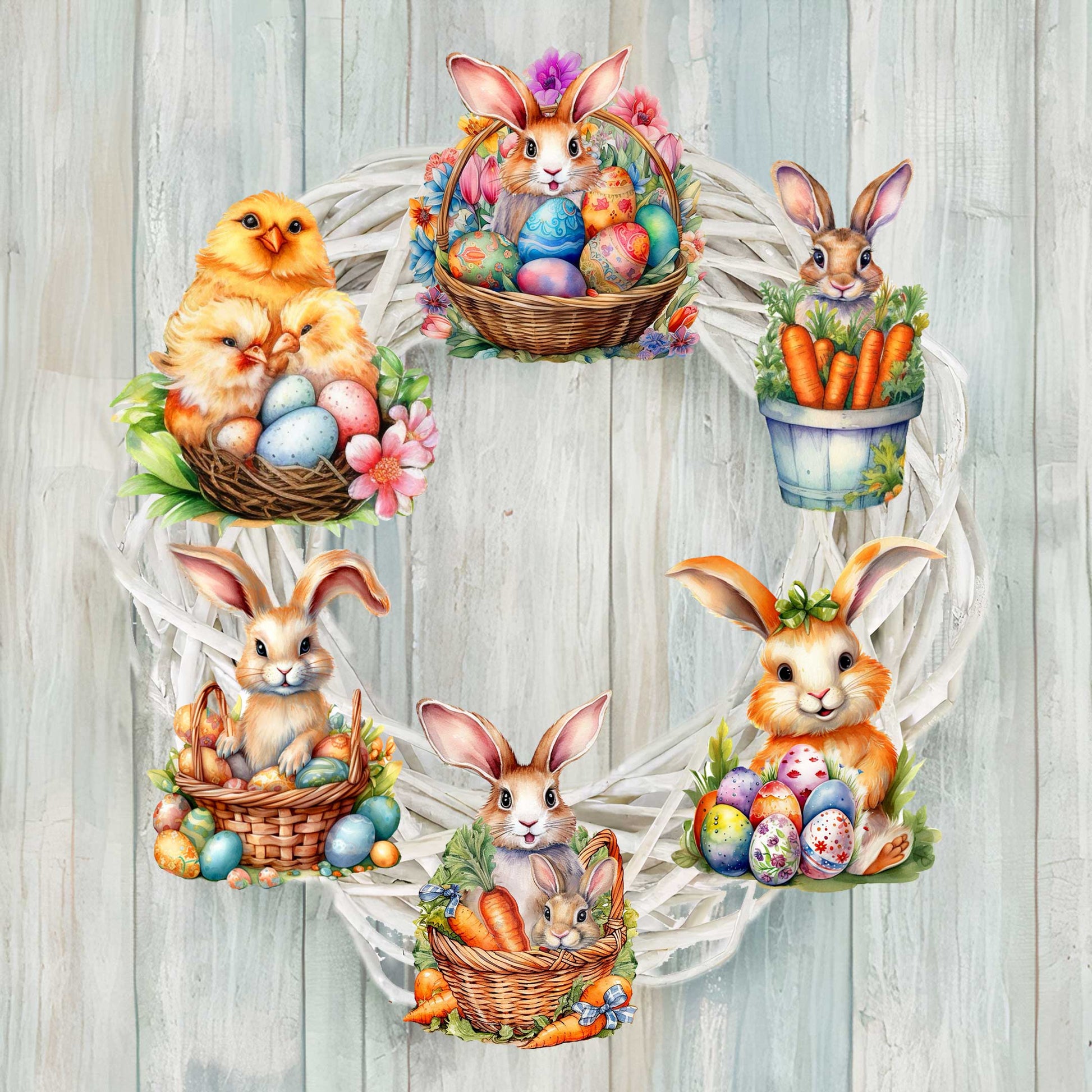 Eggs and Bunnies Decorative Wooden Clip-on Ornaments Set of 6 by G. Debrekht - Easter Decor - 8090057C-S6-0