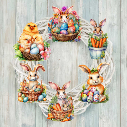 Eggs and Bunnies Decorative Wooden Clip-on Ornaments Set of 6 by G. Debrekht - Easter Decor - 8090057C-S6-0