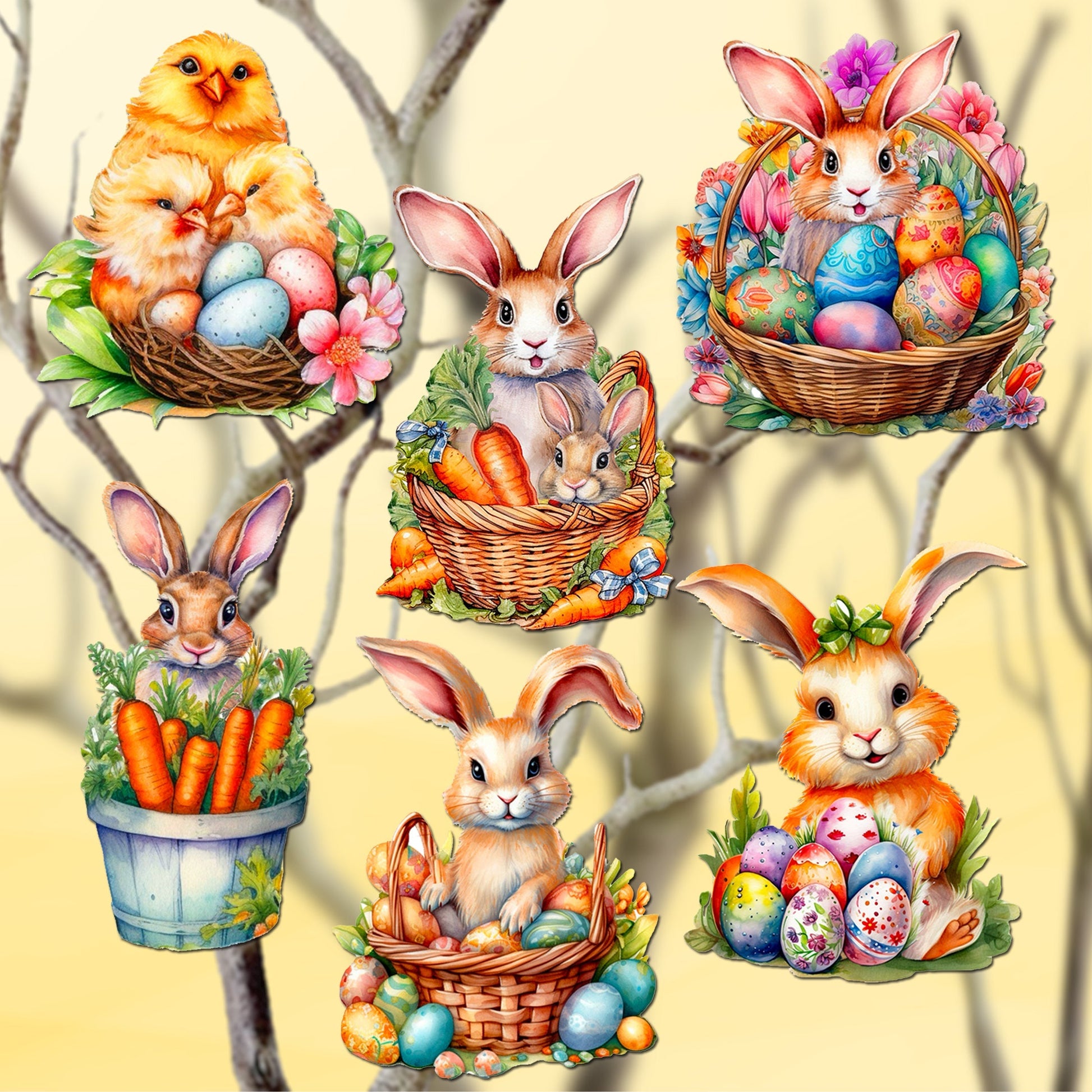 Eggs and Bunnies Decorative Wooden Clip-on Ornaments Set of 6 by G. Debrekht - Easter Decor - 8090057C-S6-1