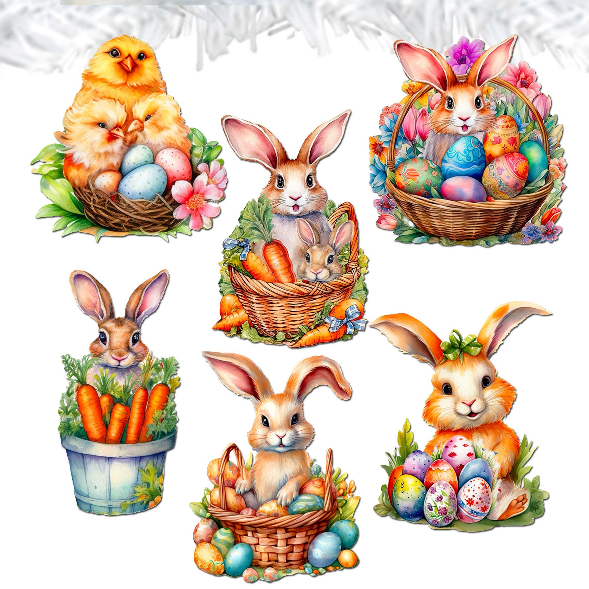 Eggs and Bunnies Decorative Wooden Clip-on Ornaments Set of 6 by G. Debrekht - Easter Decor - 8090057C-S6-2